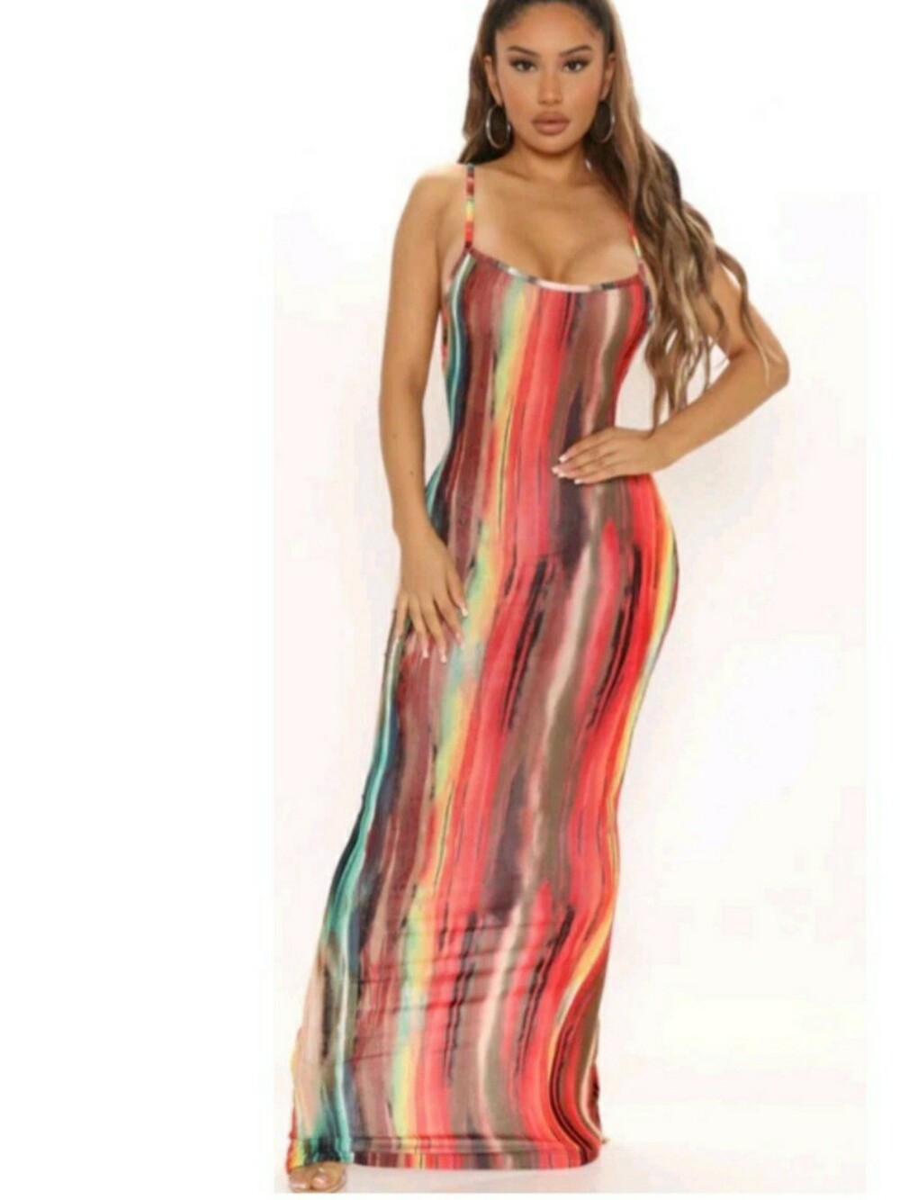 Fashion Nova Multicolor Striped Spaghetti‑Strap Maxi Dress Size Large NEW